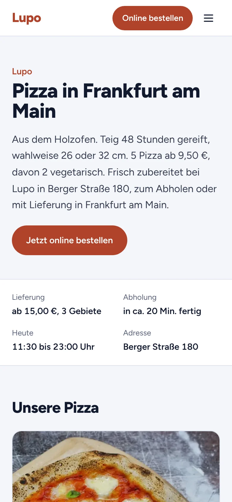 Seite „Pizza in Frankfurt am Main“ der Trattoria Lupo mit Einleitung und Bestell-Button